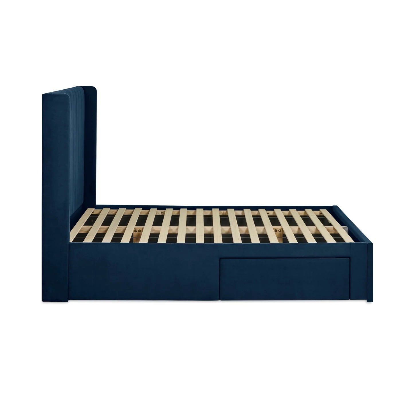 Leila Royal Blue Fabric Bed with Winged Headboard & Underbed Storage