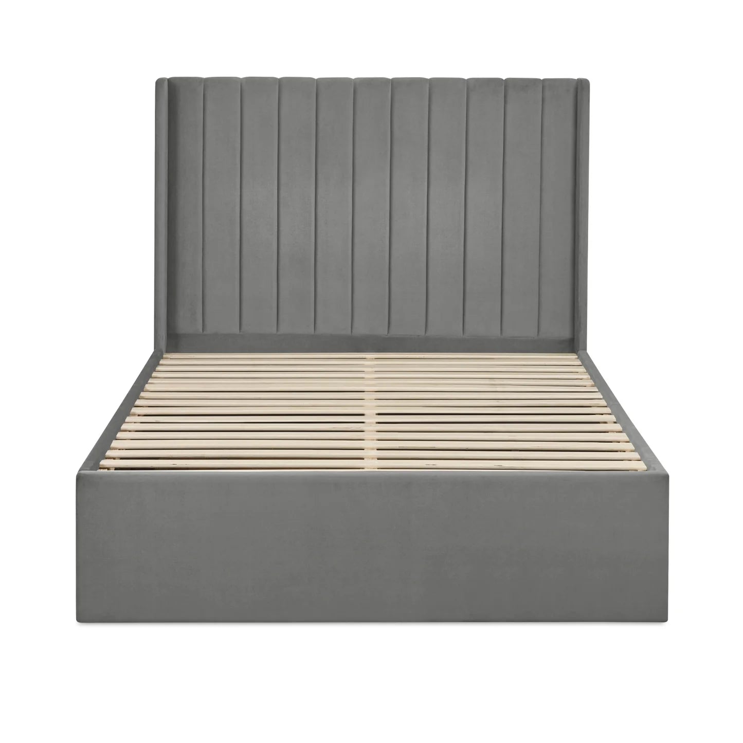 Leila Steel Grey Fabric Bed with Winged Headboard & Underbed Storage – Modern Upholstered Storage Bed