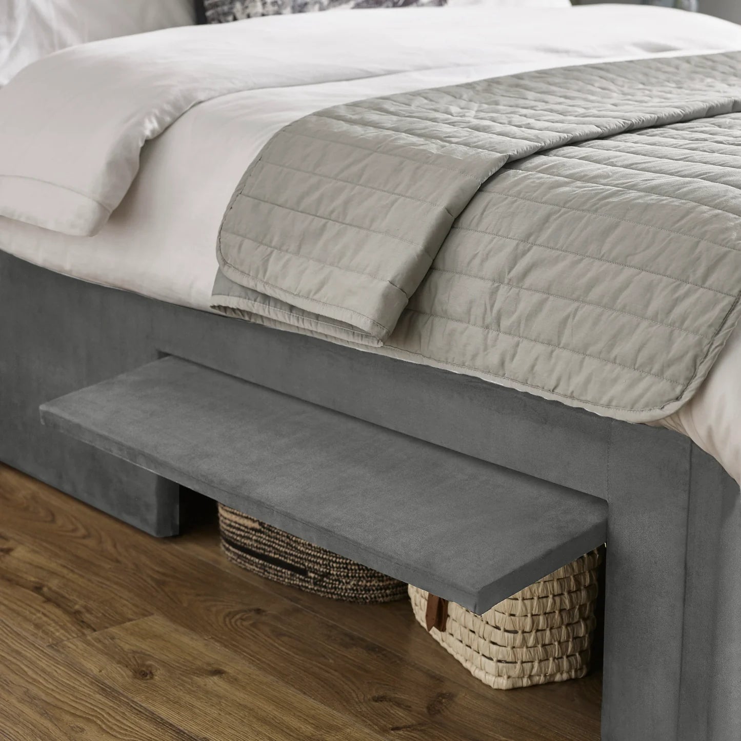 Leila Steel Grey Fabric Bed with Winged Headboard & Underbed Storage – Modern Upholstered Storage Bed