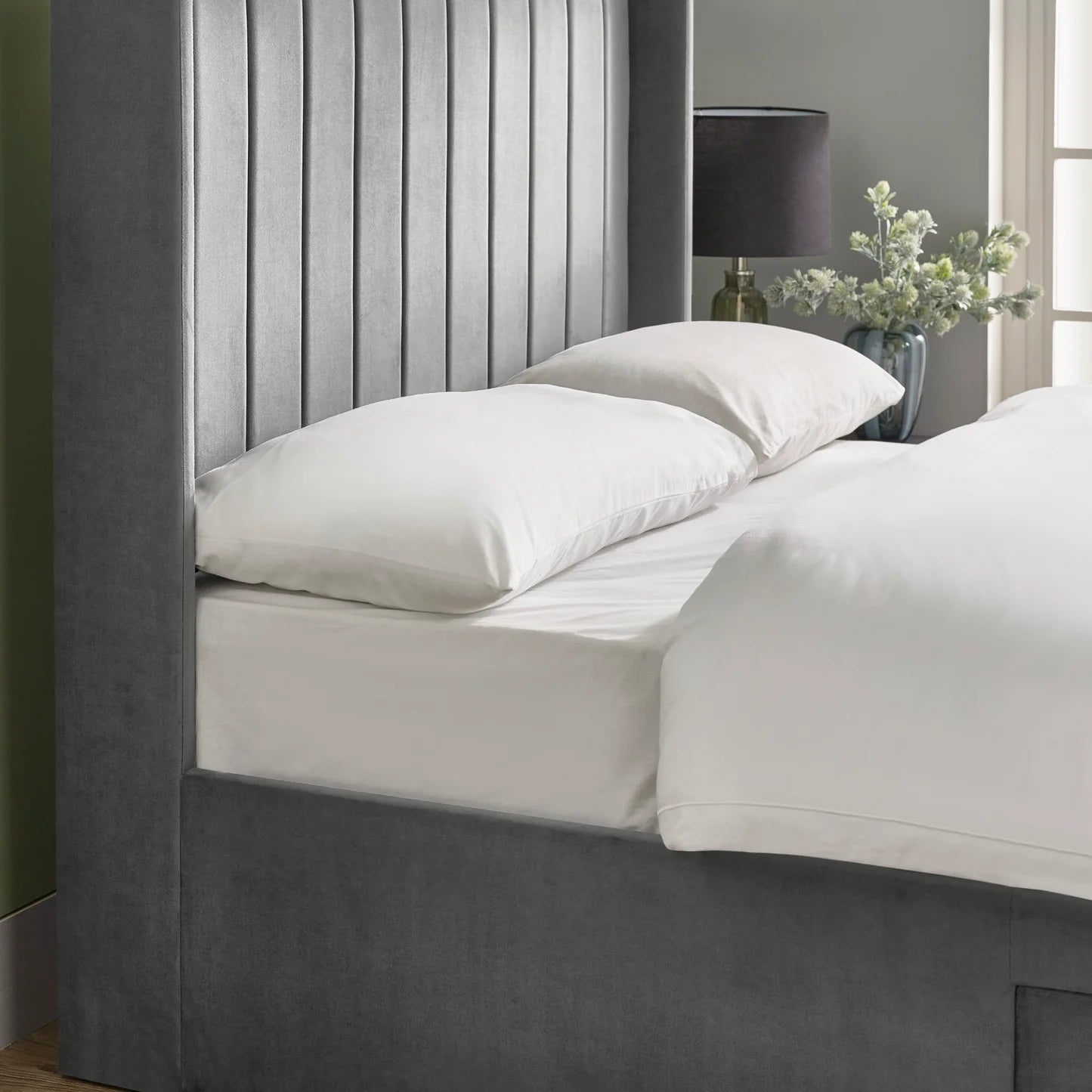 Leila Steel Grey Fabric Bed with Winged Headboard & Underbed Storage – Modern Upholstered Storage Bed