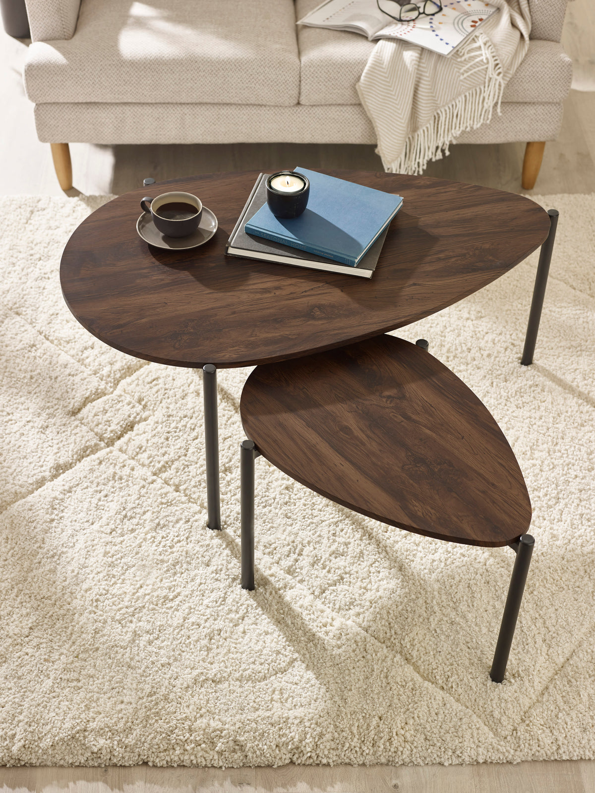 Lorette Walnut Effect Teardrop Nest of 2 Coffee Tables