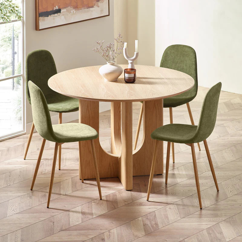 Four Lottie Fabric Dining Chairs – Grey, Green, Blue, Orange – Light Wood Legs – Set of Four