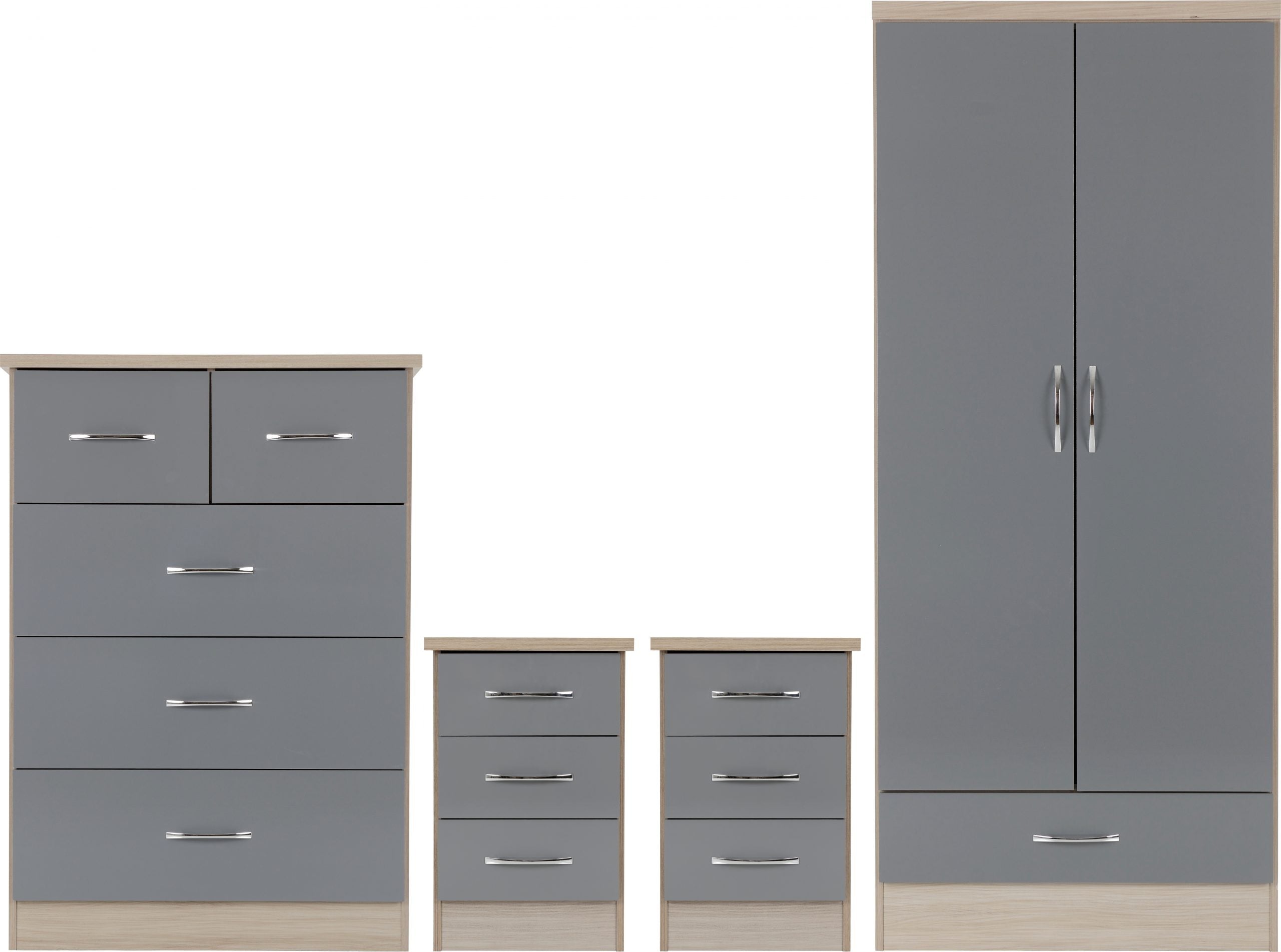 Nevada 2 Door 1 Drawer Wardrobe Bedroom Set Grey Gloss/Light Oak Effect Veneer