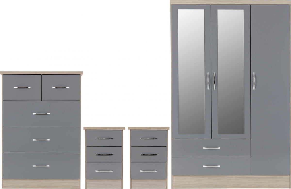 Nevada 3 Door 2 Drawer Mirrored Wardrobe Bedroom Set Grey Gloss/Light Oak Effect Veneer
