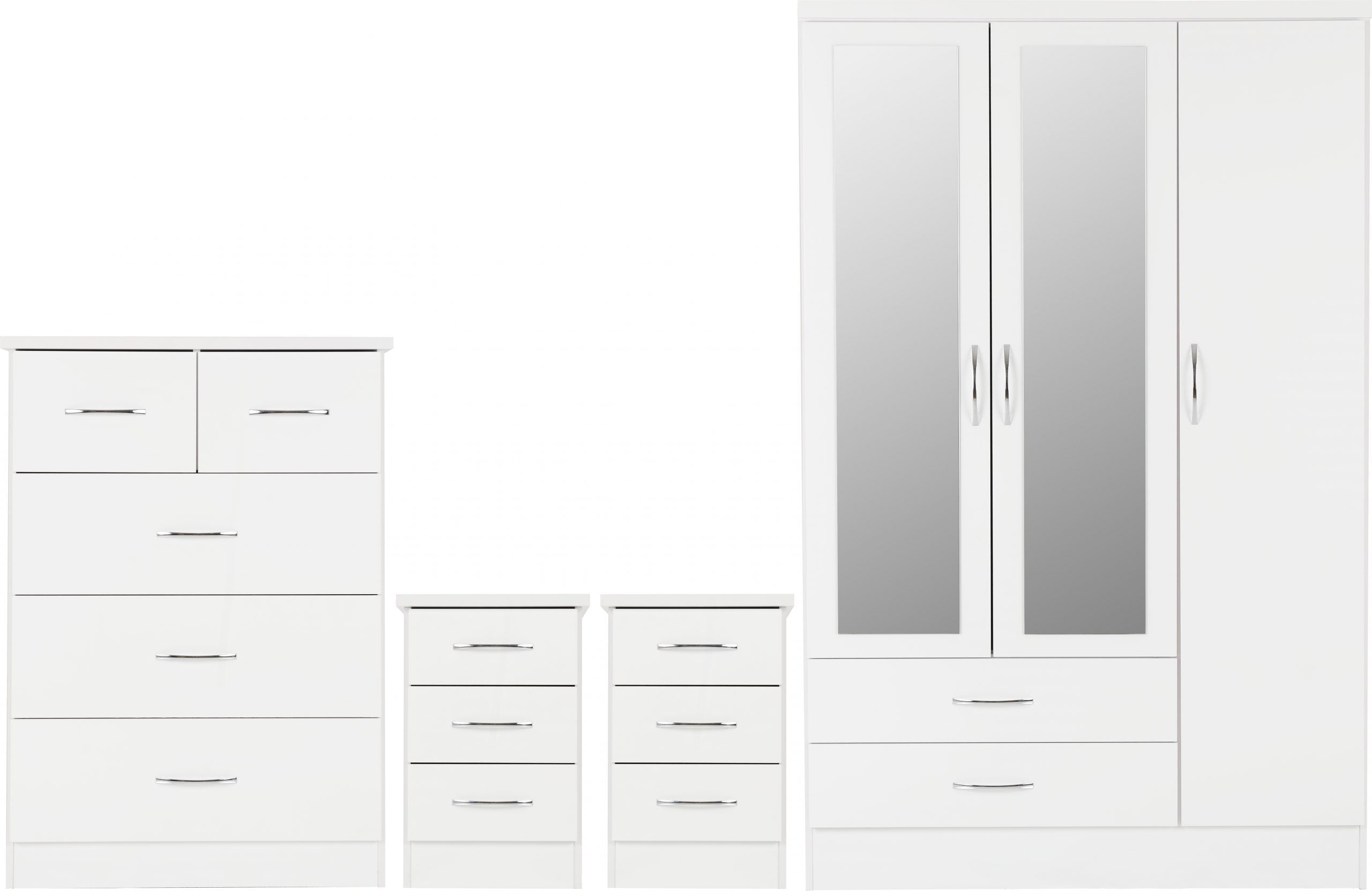 Nevada 3 Door 2 Drawer Mirrored Wardrobe Bedroom Set White Gloss
