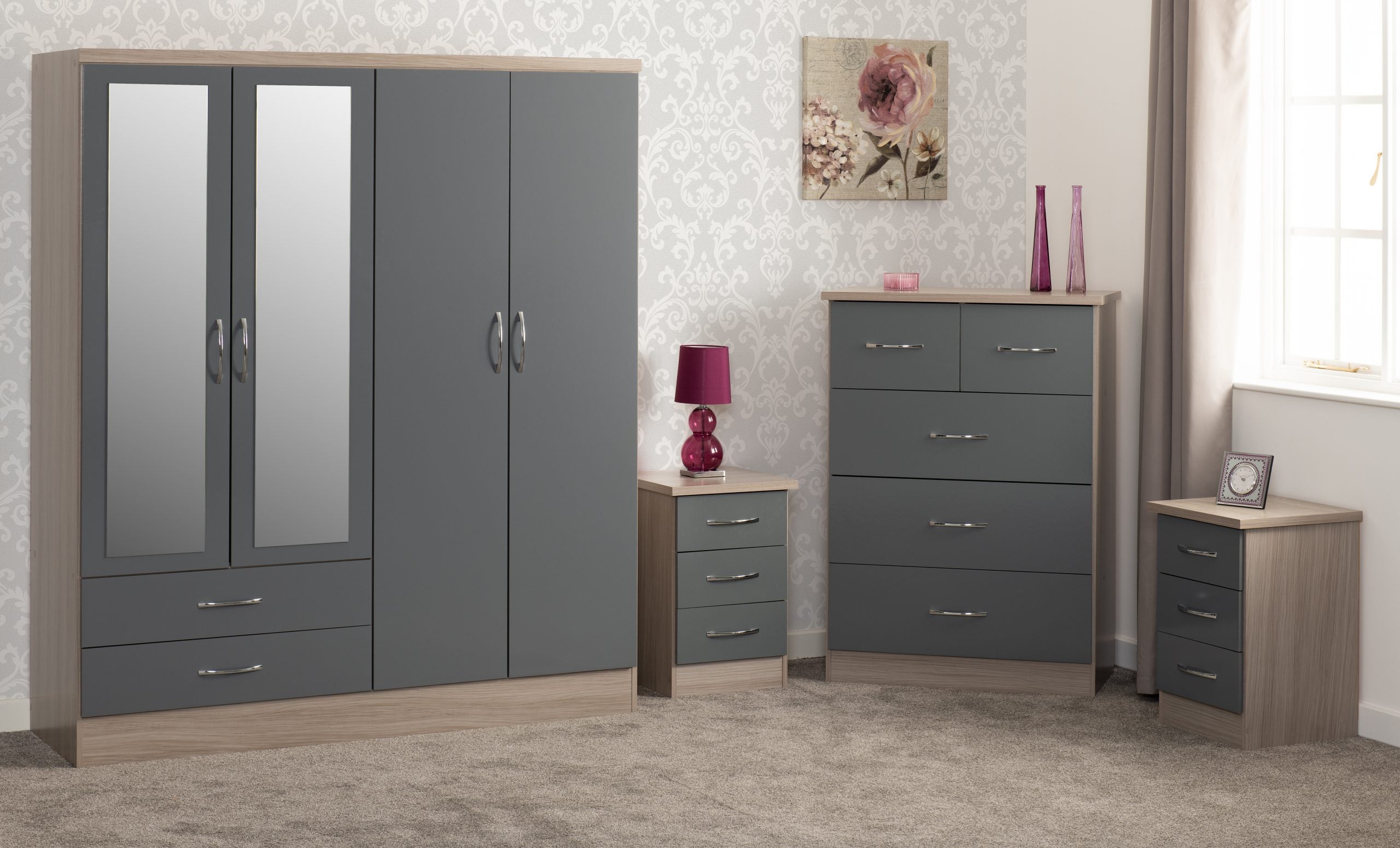 Nevada 4 Door 2 Drawer Mirrored Wardrobe Bedroom Set Grey Gloss/Light Oak Effect Veneer