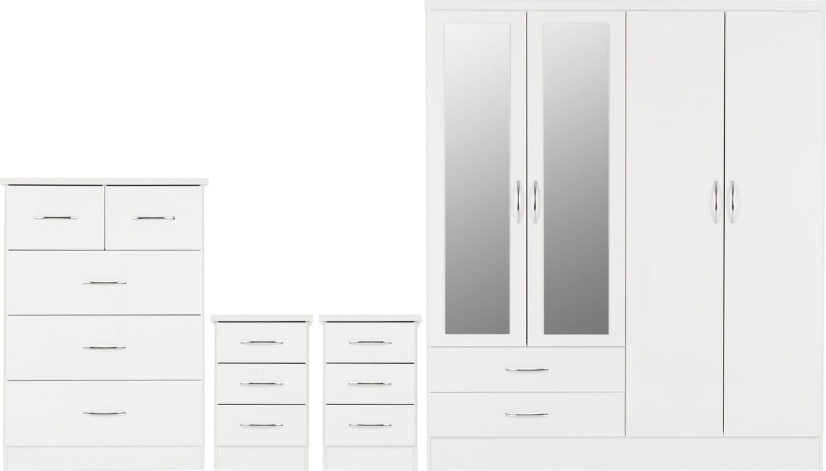 Nevada 4 Door 2 Drawer Mirrored Wardrobe Bedroom Set White Gloss