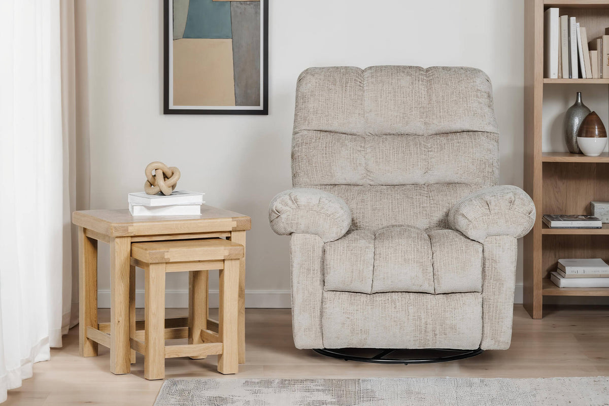 Nellie Glider Swivel Recliner – Latte with Lumbar Support