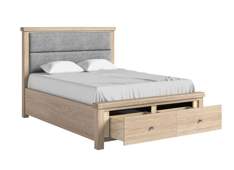 Normandy Bed Frame | Grey Fabric Headboard With In A Whitewashed Finish