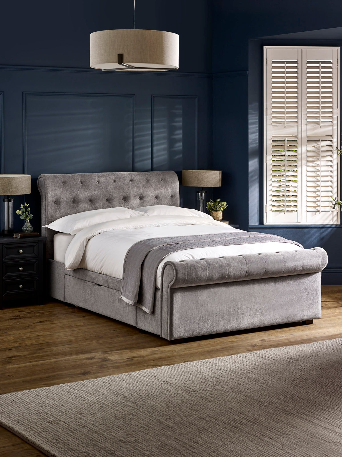 Ravello Grey Chenille Upholstered 135cm Double Bed with 2 Drawers