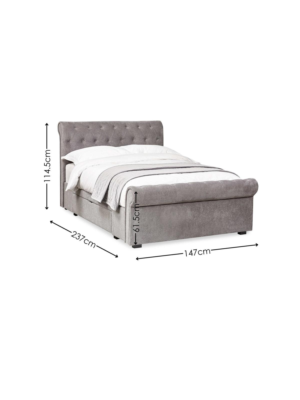 Ravello Grey Chenille Upholstered 150cm Kingsize Bed with 2 Drawers