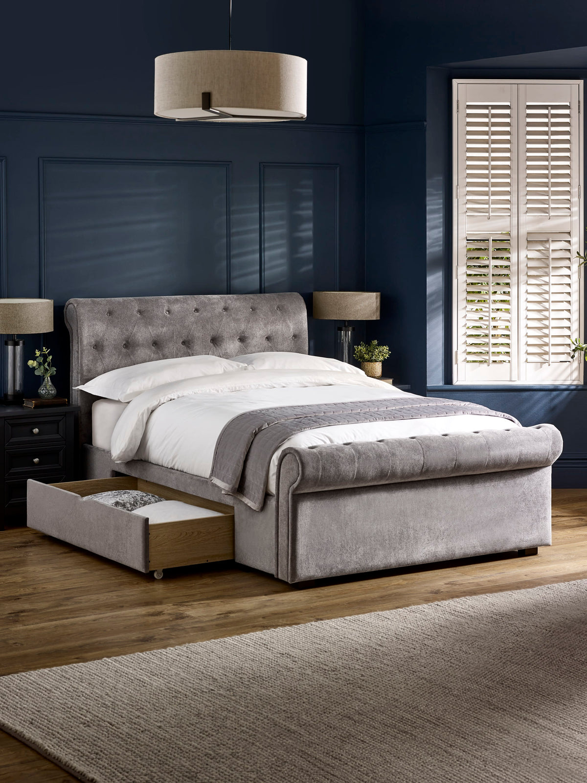 Ravello Grey Chenille Upholstered 150cm Kingsize Bed with 2 Drawers