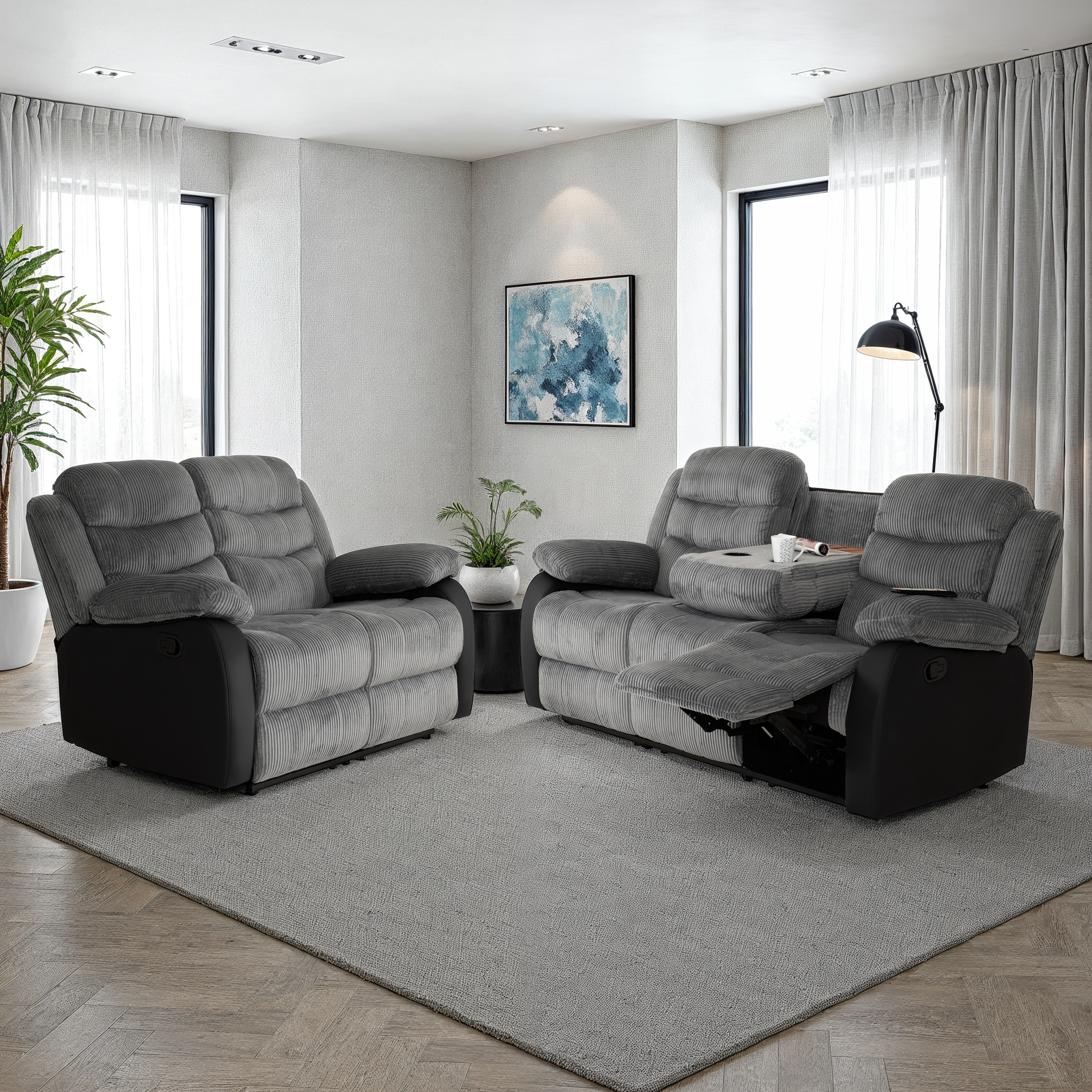 Roma 3+2 Recliner Suite Grey Cord Fabric/Black Faux Leather