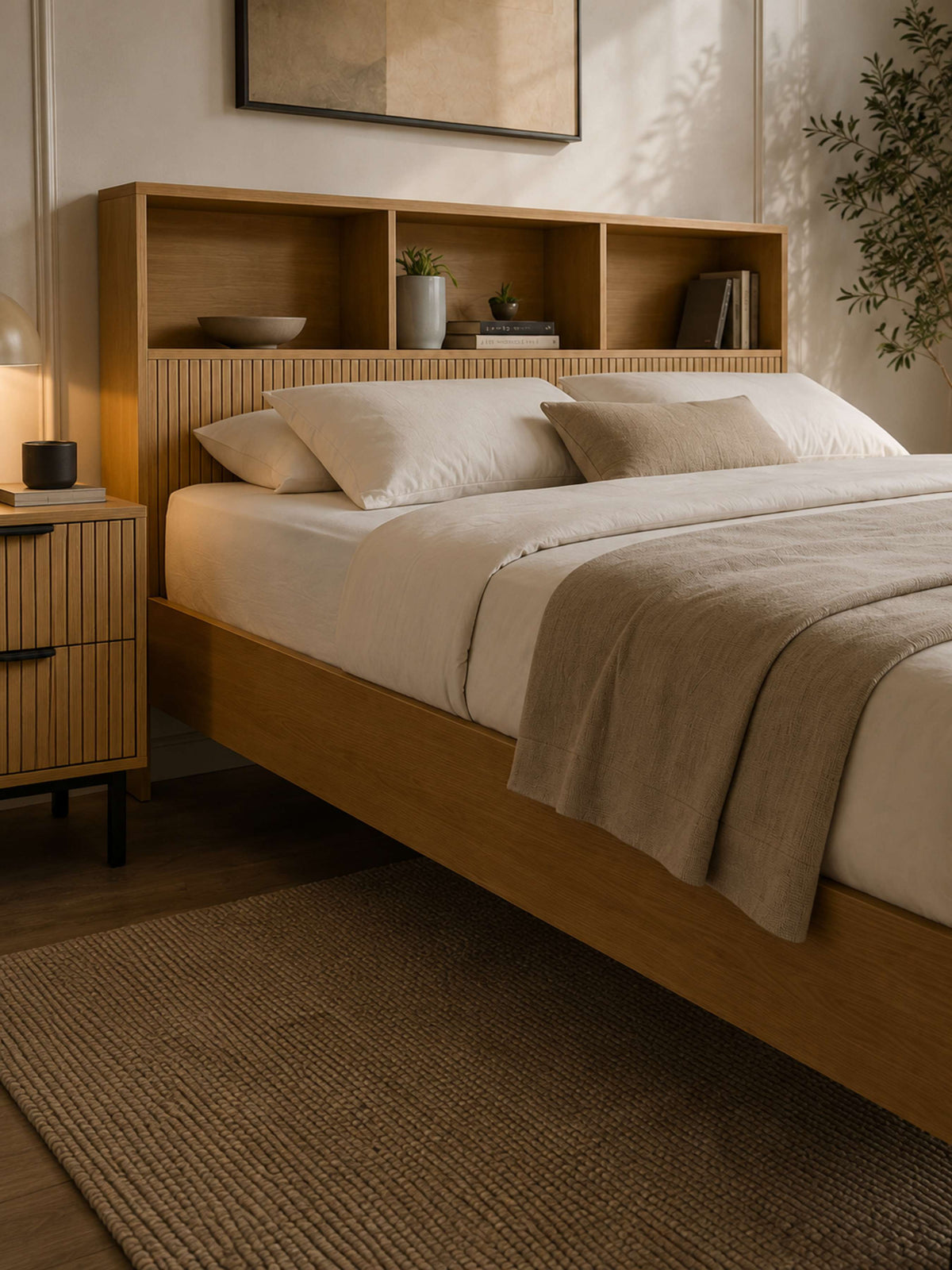 Sia Bookcase Headboard Bed - Light Oak Effect, Double