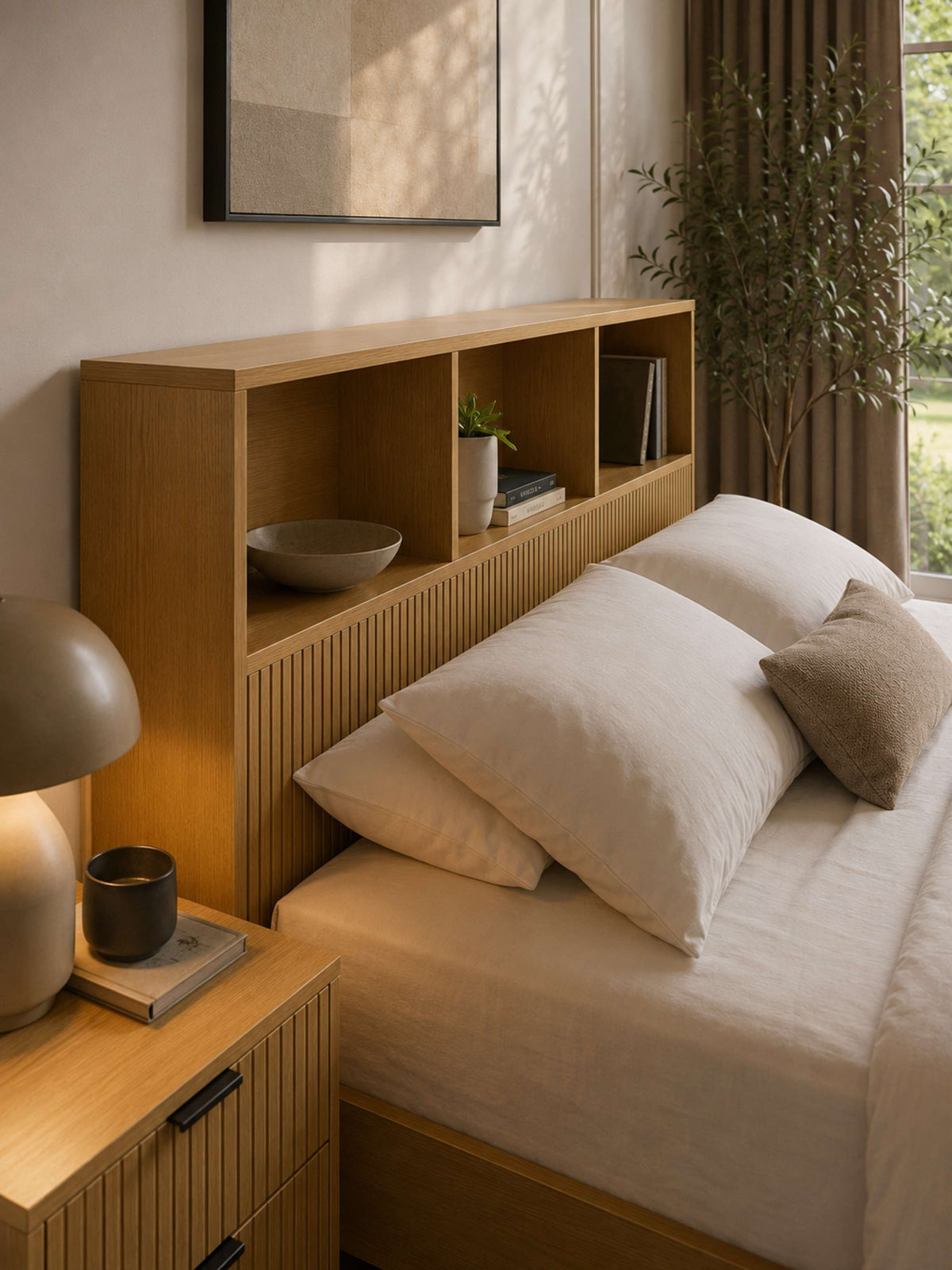Sia Bookcase Headboard Bed - Light Oak Effect, King