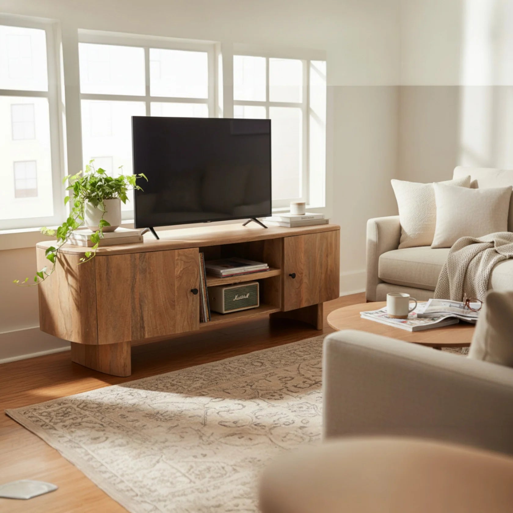 Sindhu 2 Door TV Unit – Solid Mango Wood Natural Finish