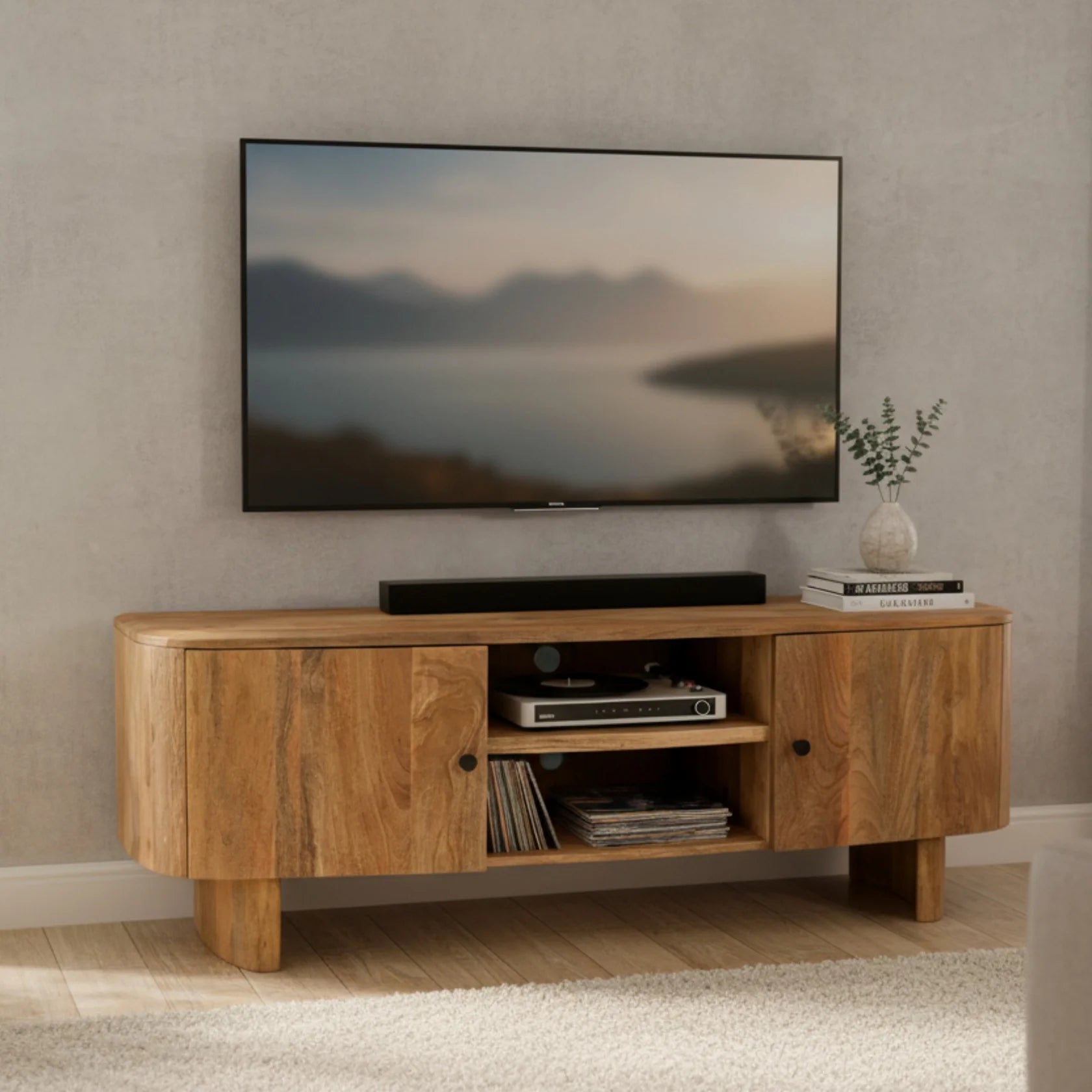 Sindhu 2 Door TV Unit – Solid Mango Wood Natural Finish