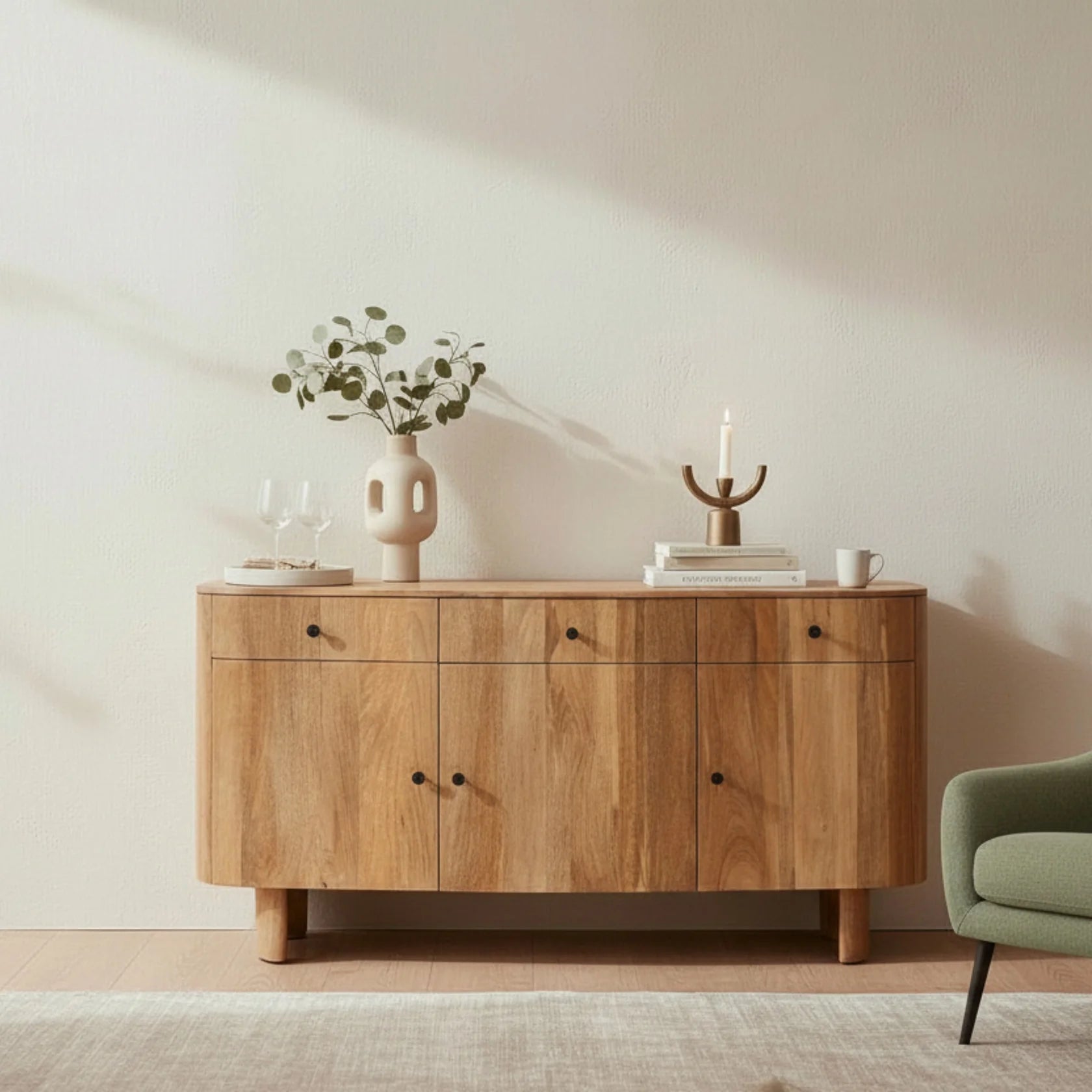Sindhu 3 Door Sideboard – Solid Mango Wood Natural Finish