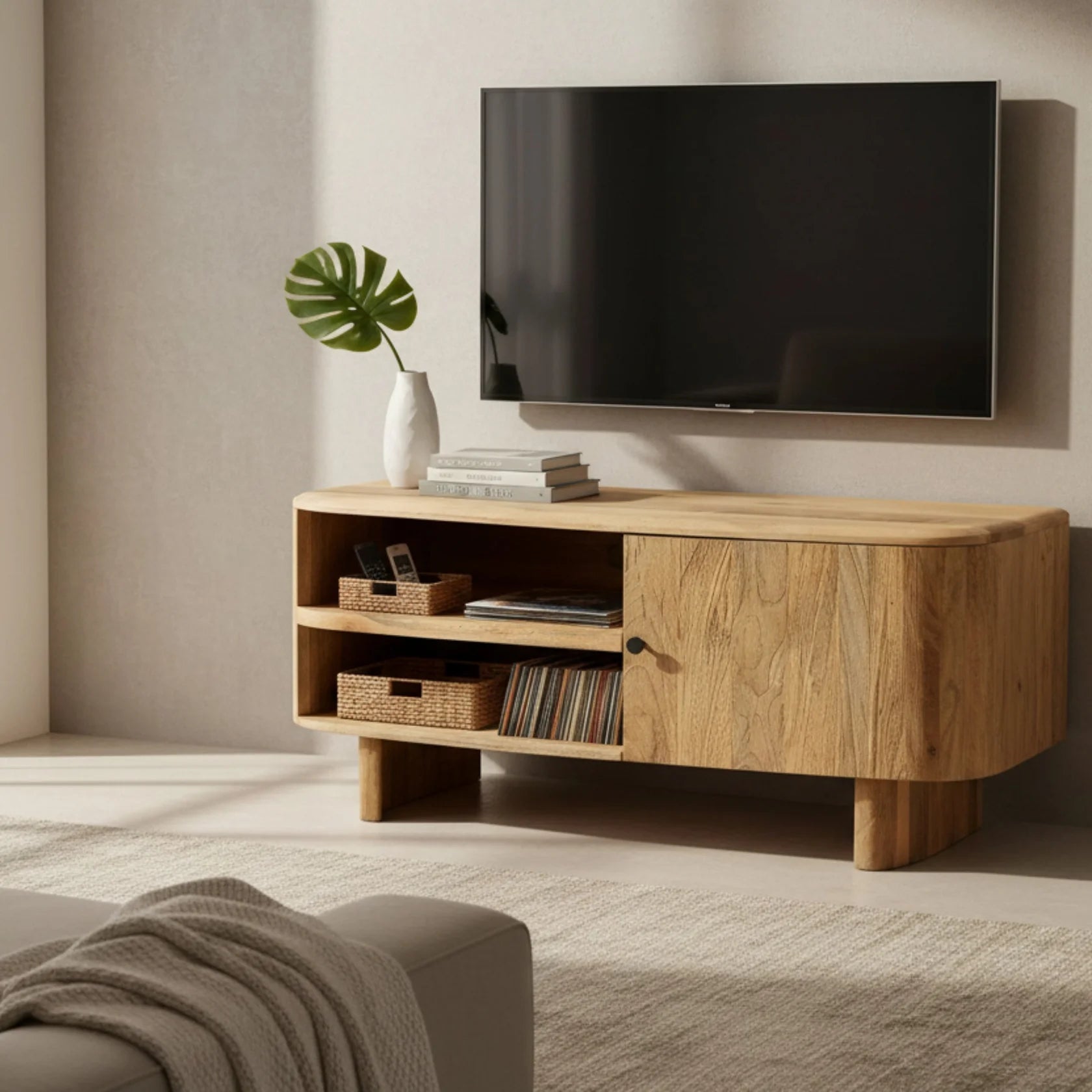 Sindhu 1 Door TV Unit – Solid Mango Wood Natural Finish