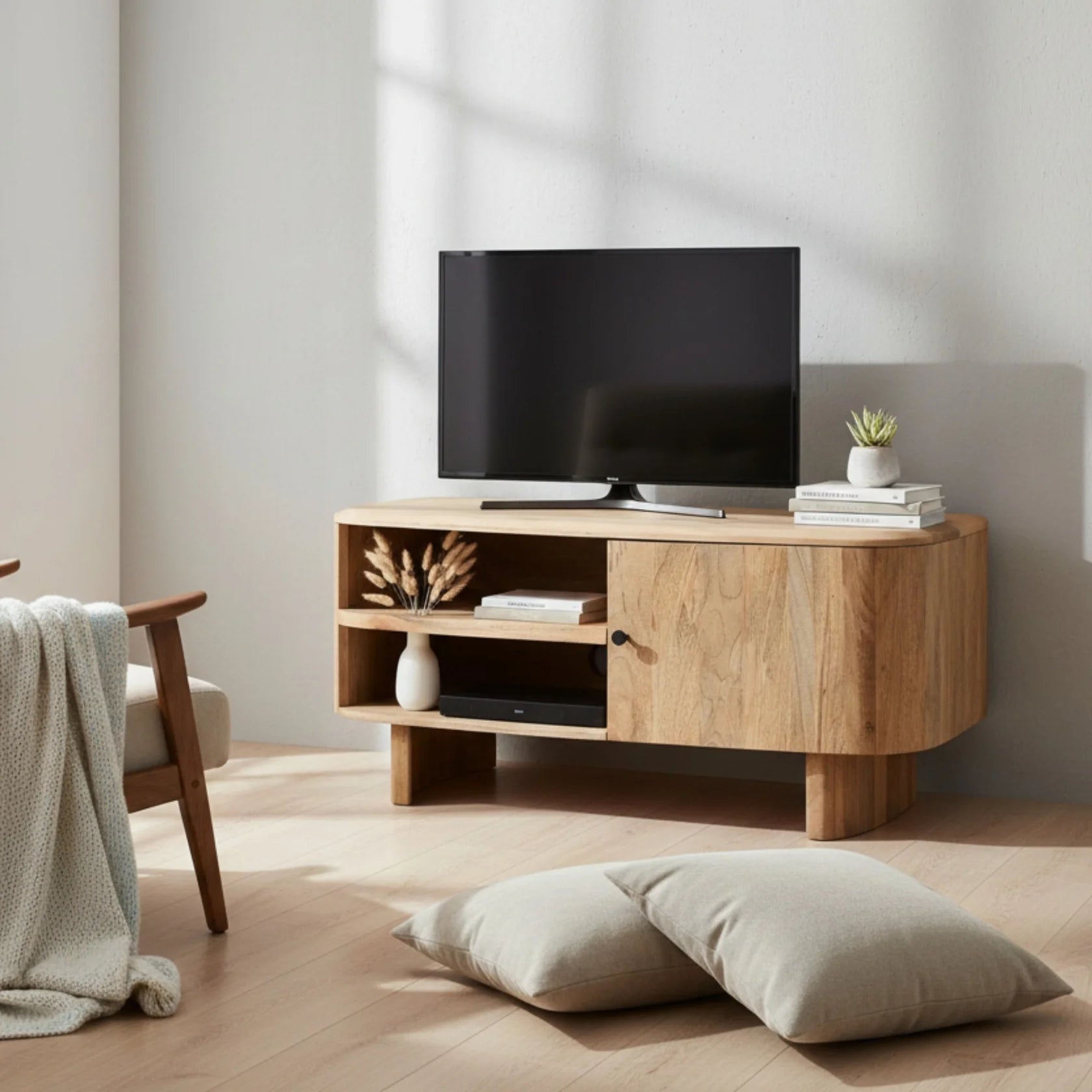 Sindhu 1 Door TV Unit – Solid Mango Wood Natural Finish