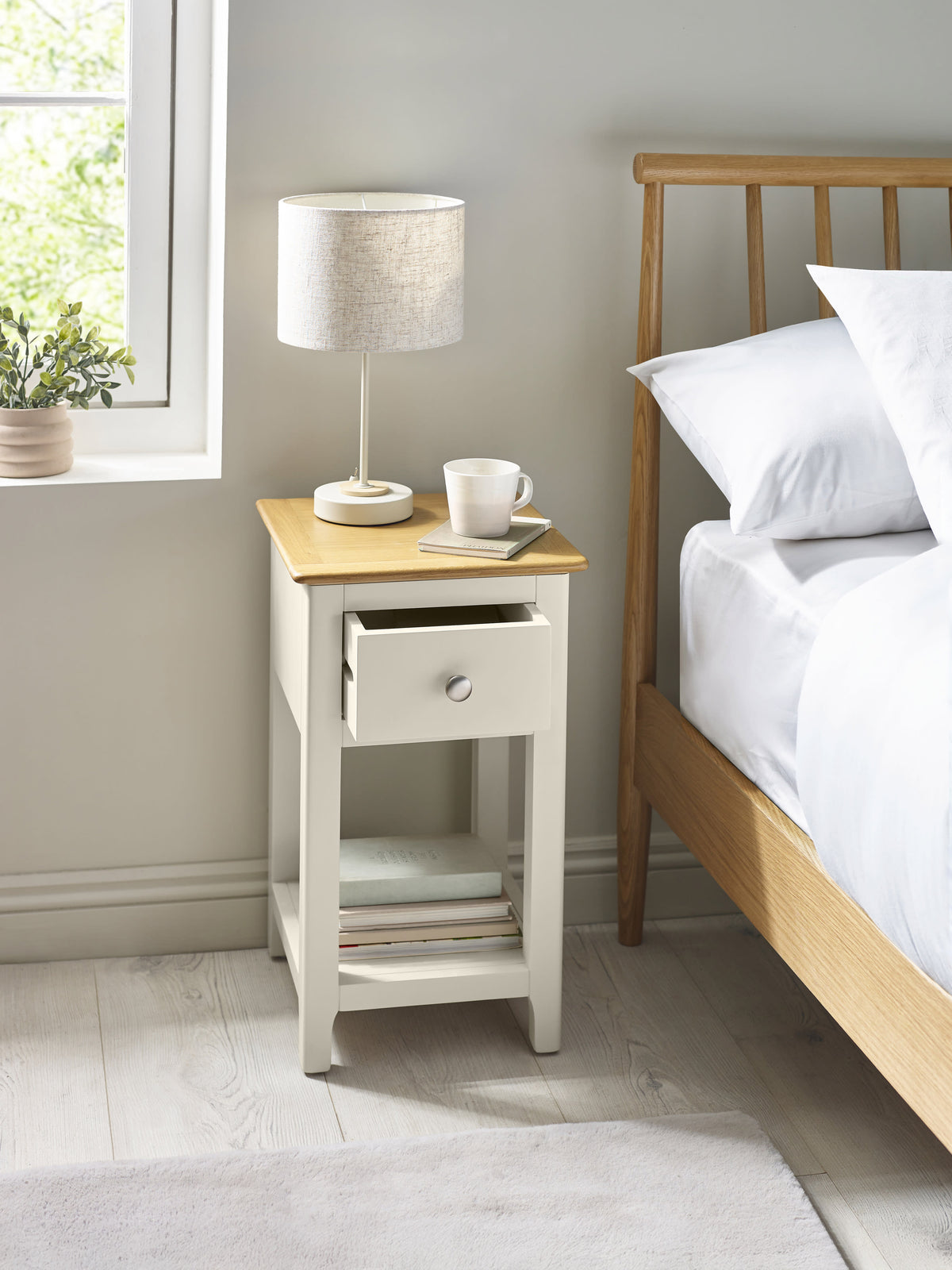 Somerset Truffle Grey and Oak Compact 1 Drawer Bedside Table with Shelf