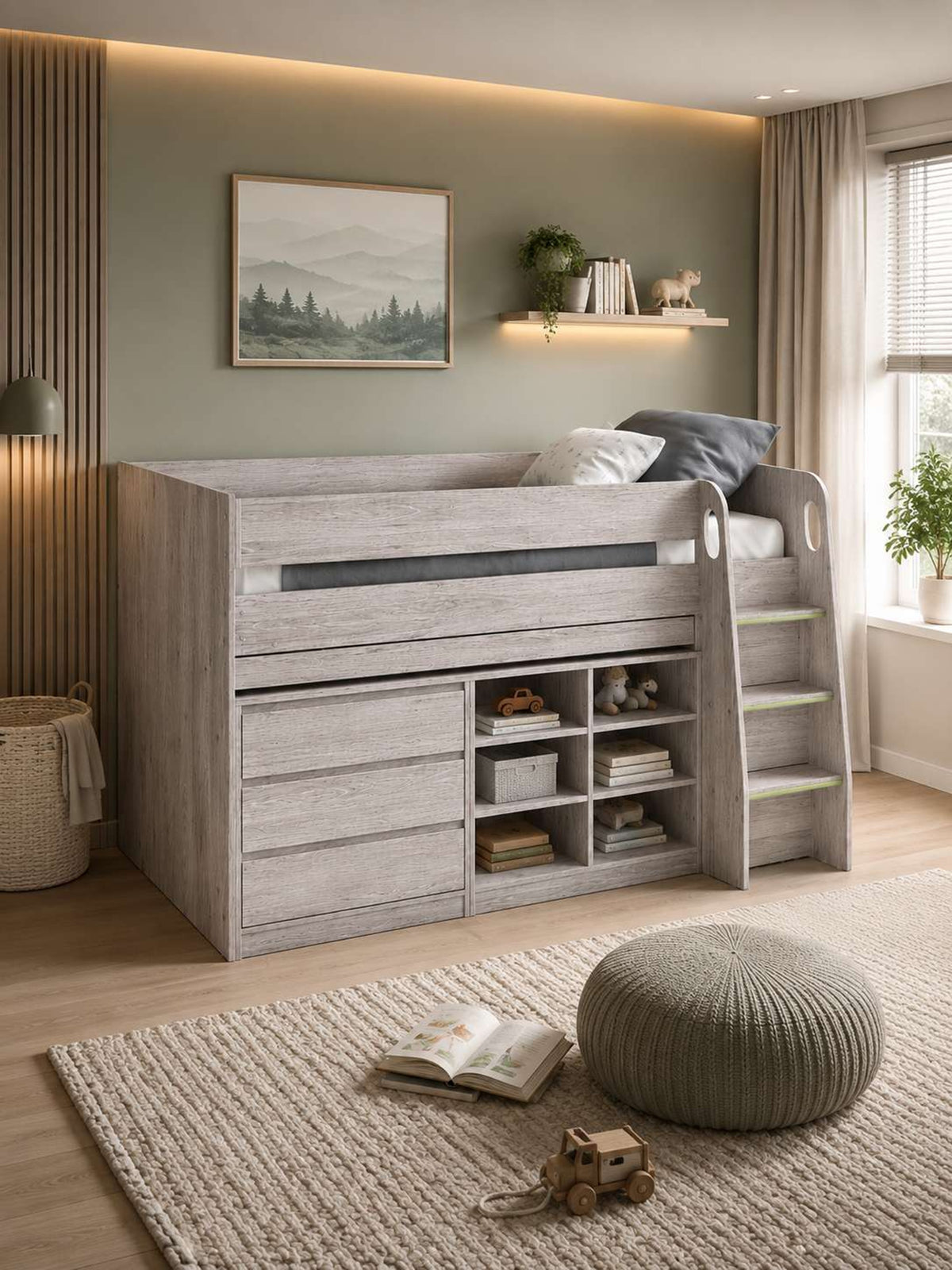 Vespa Mid Sleeper Bed with Pull-Out Desk & Storage - Grey Oak Effect, Single