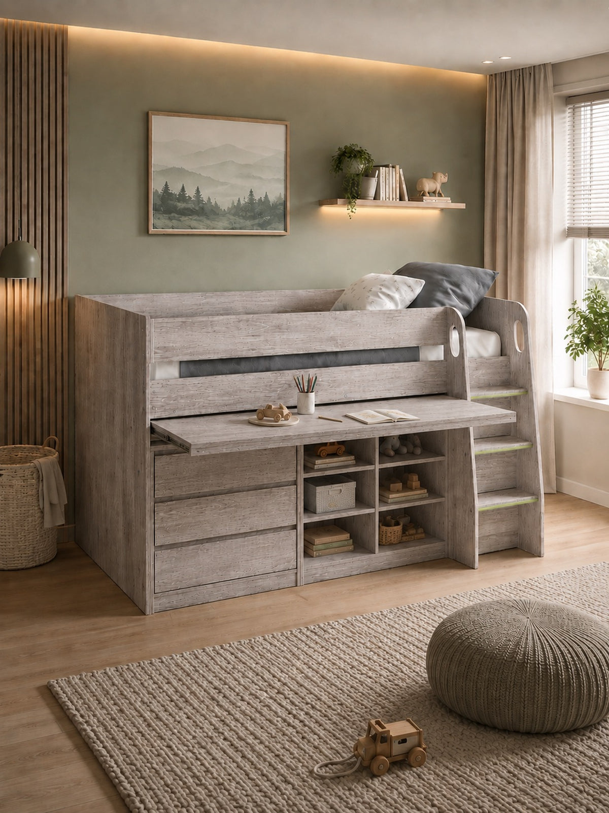 Vespa Mid Sleeper Bed with Pull-Out Desk & Storage - Grey Oak Effect, Single