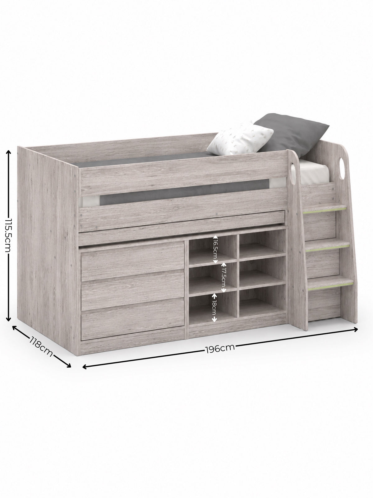 Vespa Mid Sleeper Bed with Pull-Out Desk & Storage - Grey Oak Effect, Single