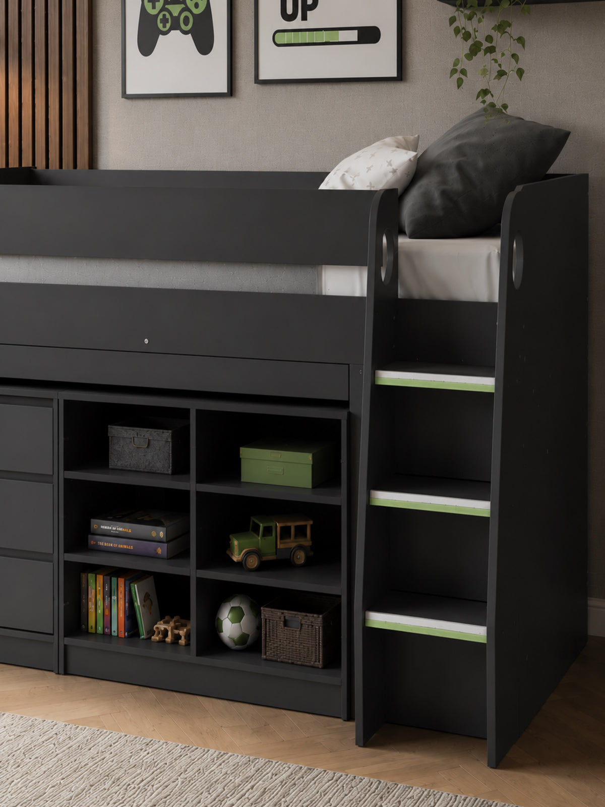 Vespa Mid Sleeper Bed with Pull-Out Desk & Storage - Anthracite, Single