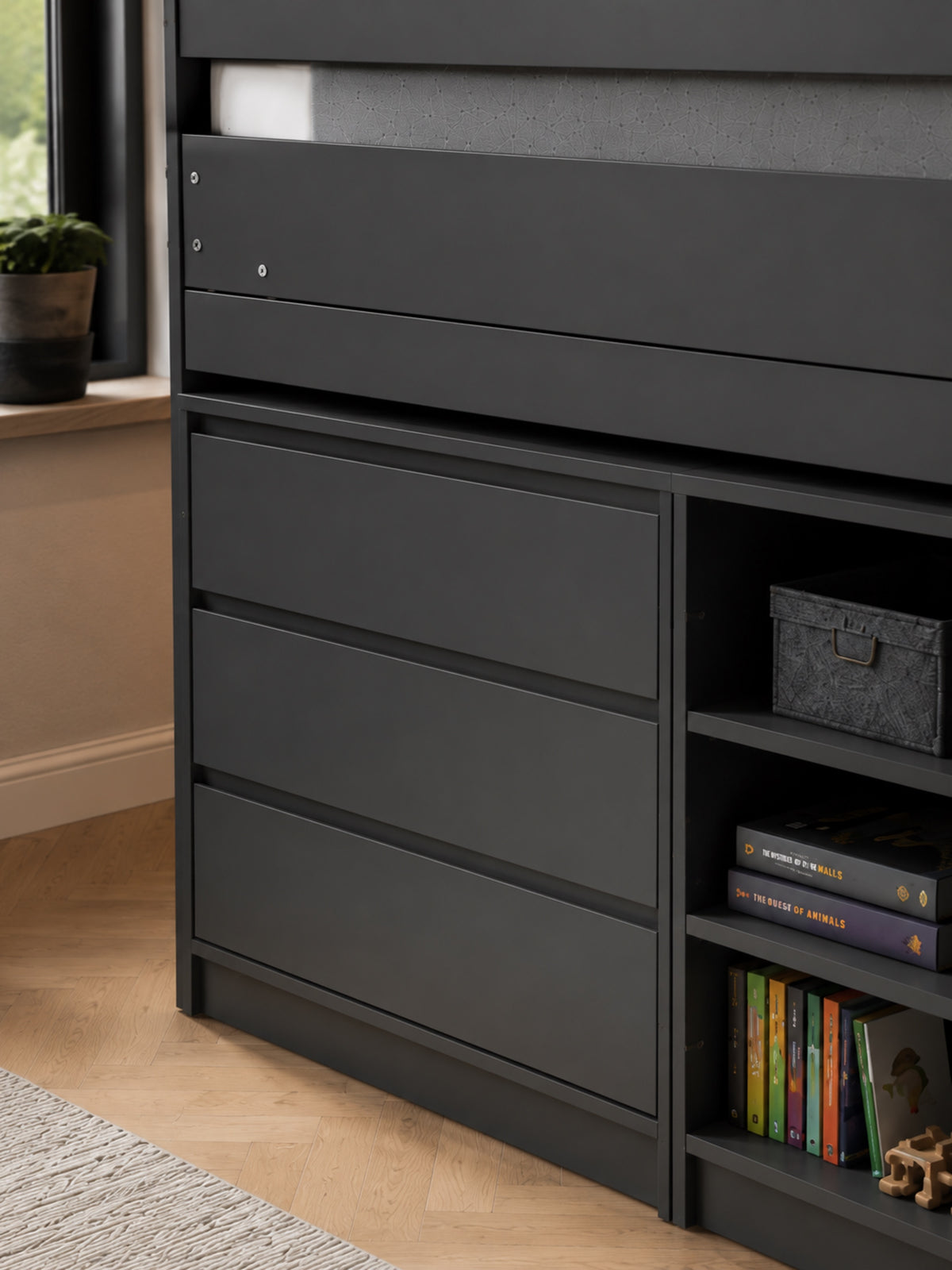 Vespa Mid Sleeper Bed with Pull-Out Desk & Storage - Anthracite, Single