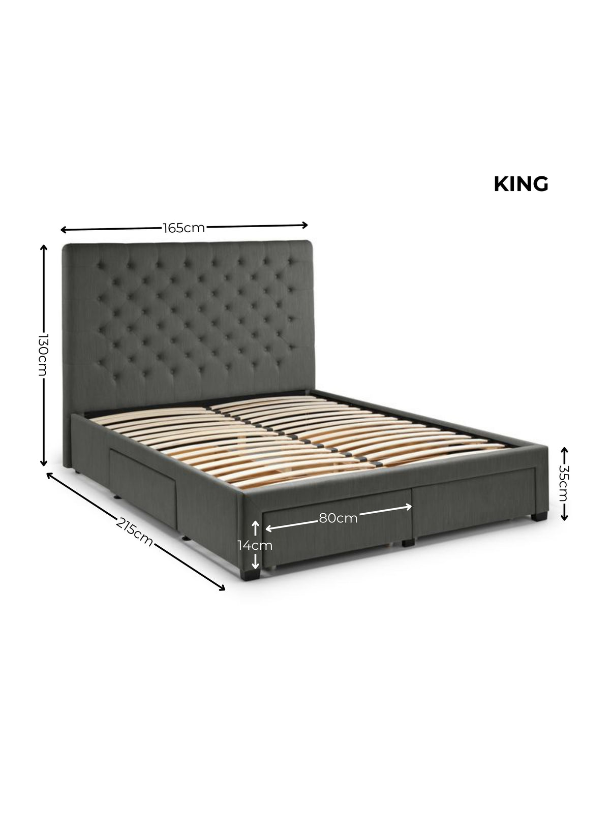 Wilton Upholstered 4 Drawer Storage Bed Frame - Dark Grey Linen, King