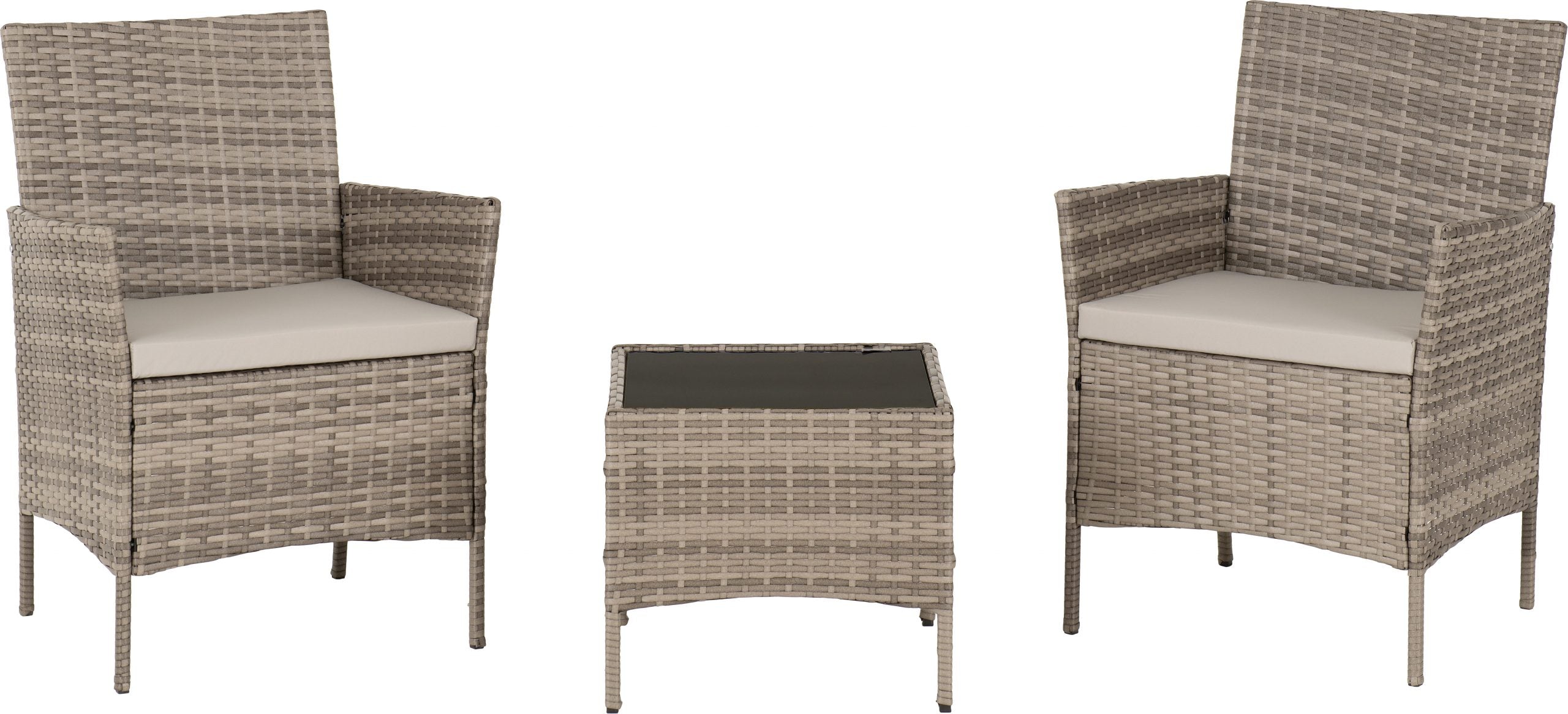 Willow 3 Piece Garden Set Grey Rattan/Grey Fabric/Black Glass
