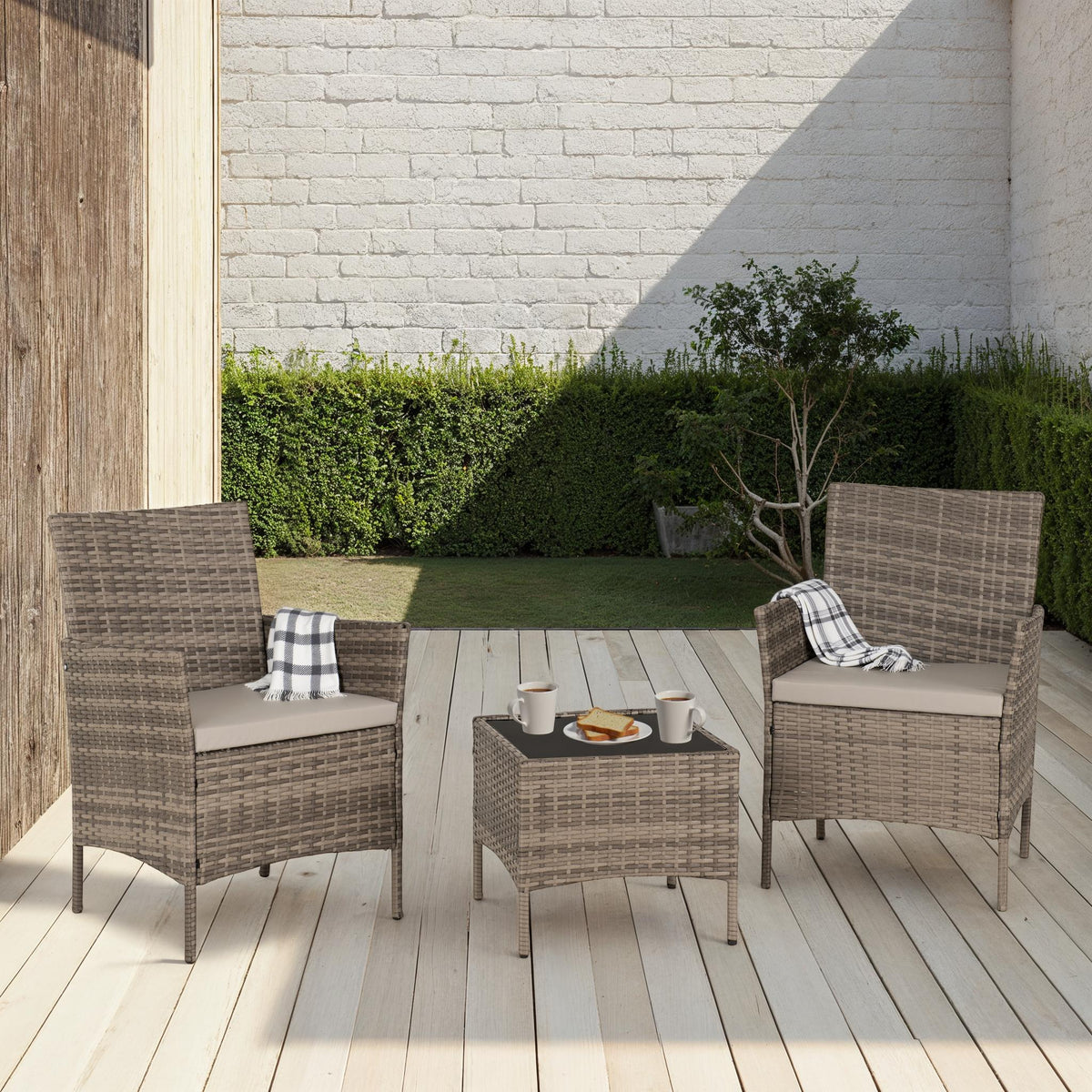 Willow 3 Piece Garden Set Grey Rattan/Grey Fabric/Black Glass