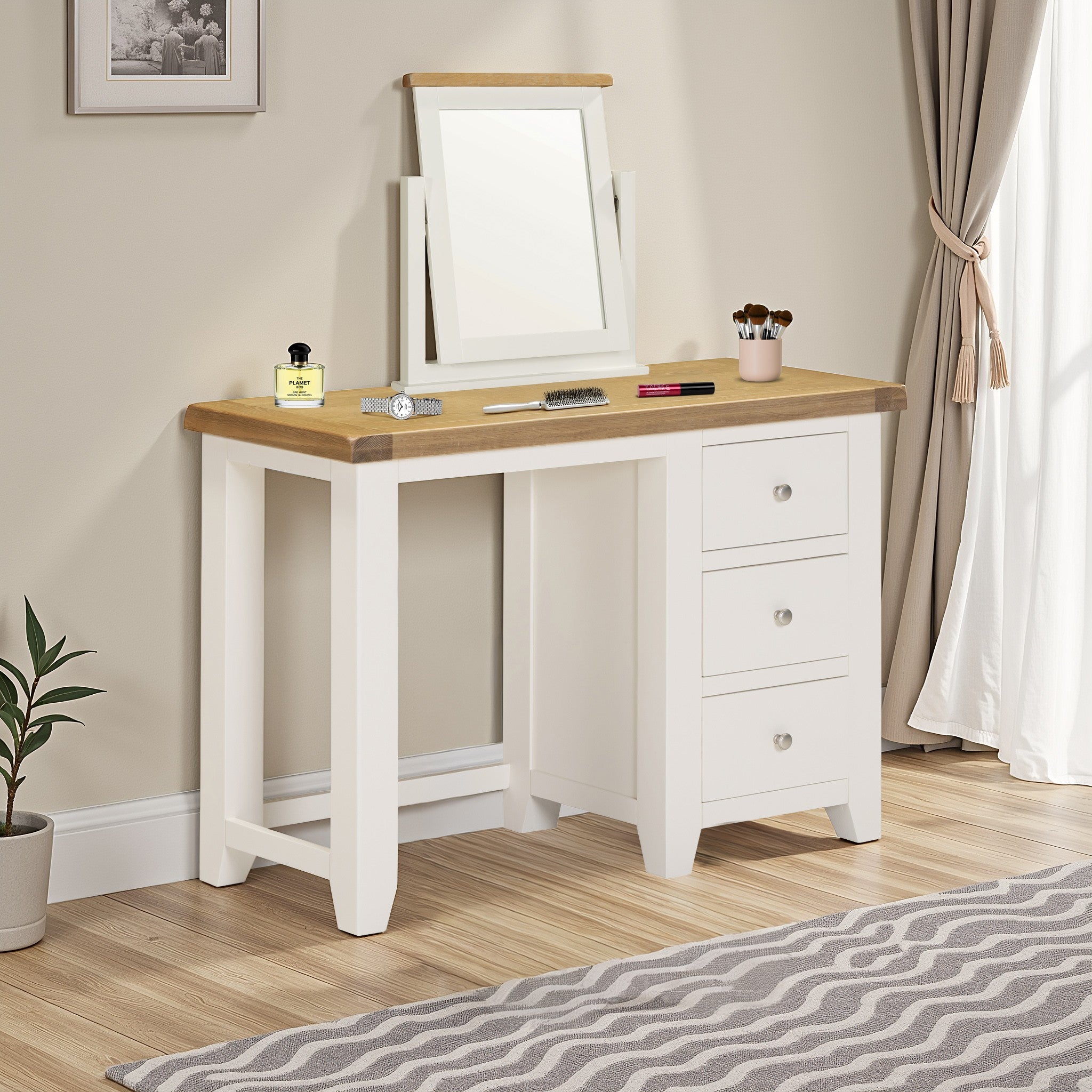 Windsor 3 Drawer Dressing Table & Mirror Ivory/Oak