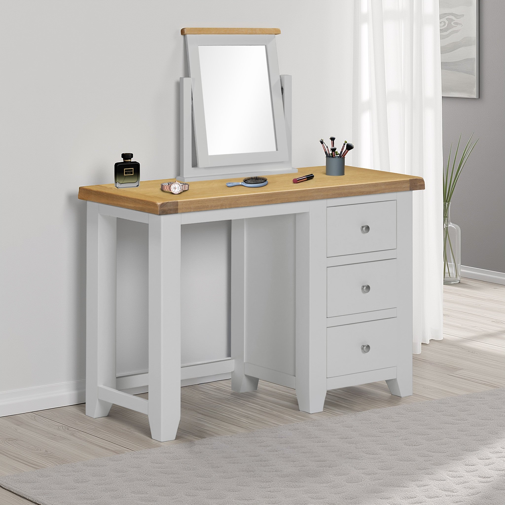 Windsor 3 Drawer Dressing Table & Mirror Pebble Grey/Oak