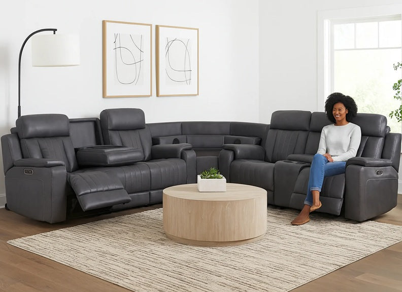 Angelo Grey Powered Reclining Sectional Sofa with Inbuilt Speakers | Luxury Tech-Enhanced Comfort