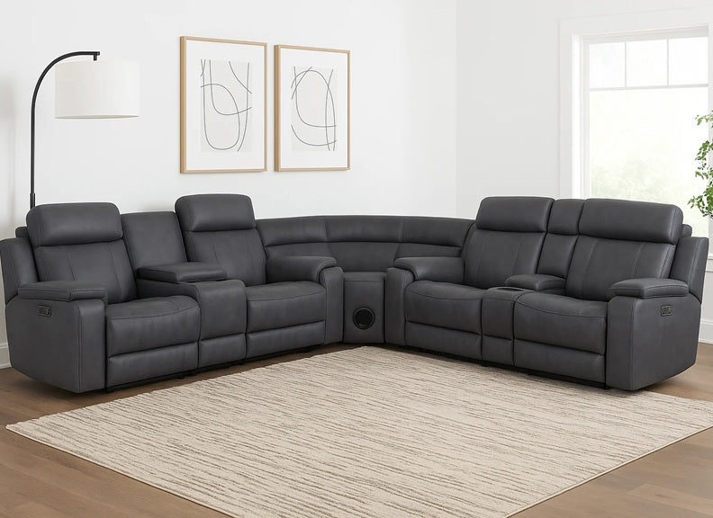 Angelo Grey Powered Reclining Sectional Sofa with Inbuilt Speakers | Luxury Tech-Enhanced Comfort