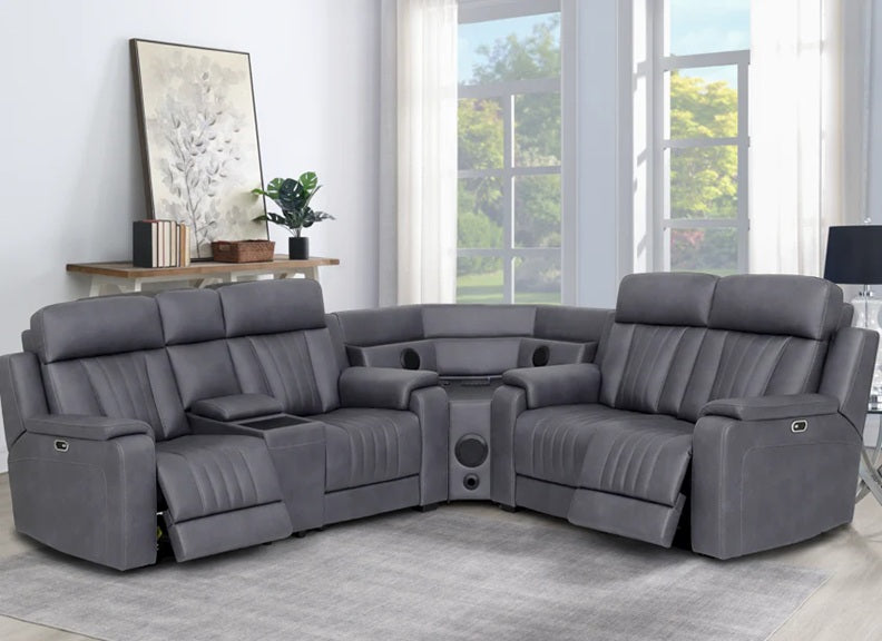 Angelo Grey Powered Reclining Sectional Sofa with Inbuilt Speakers | Luxury Tech-Enhanced Comfort
