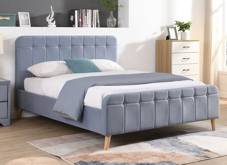 Ashley Sky Blue Fabric Bed With Fabric Stud Headboard