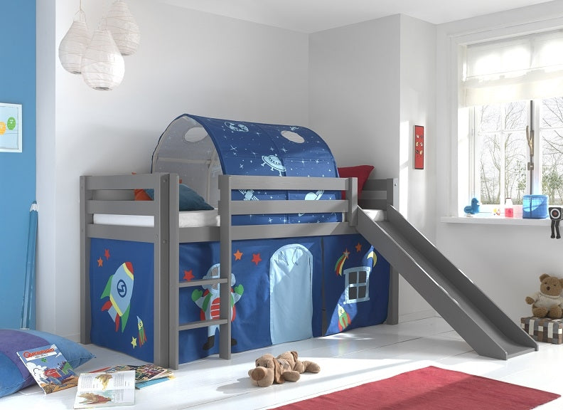 Pino Grey Mid Sleeper With Slide & Astro Tunnel & Curtain