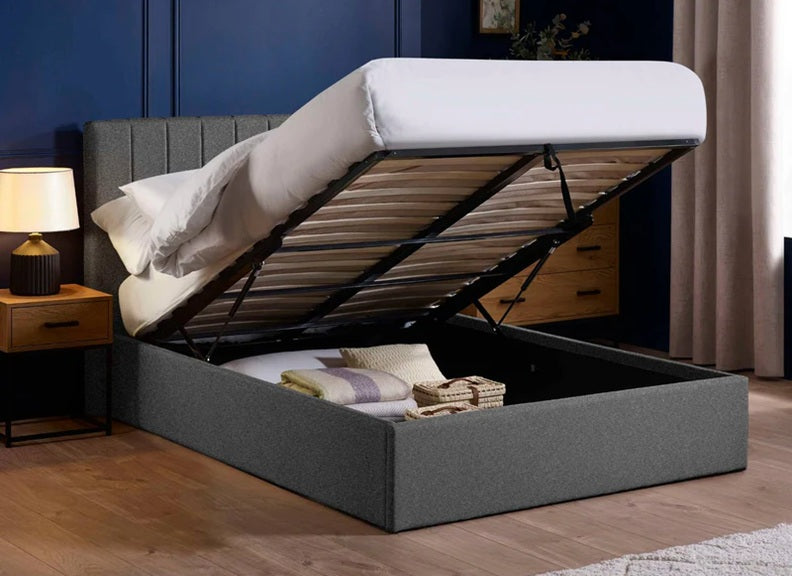 Aylen Storage Bed In Dark Grey Faux Linen Fabric – Modern Upholstered Bed With Vertically Lined Headboard