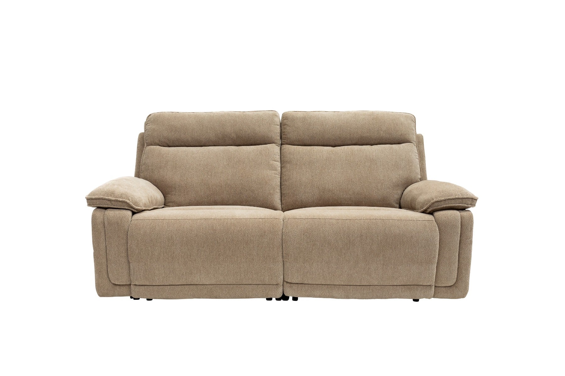 Cadenza Camel Fabric Electric Recliner Sofa – Piped Trim, USB Charging Ports, and Deep-Filled Seating