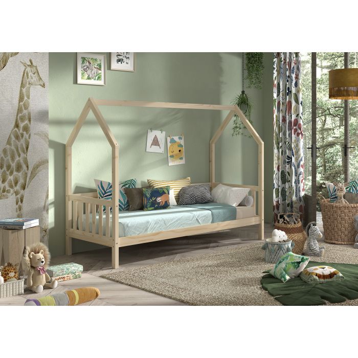 %%%CABANE HOUSE BED WITH FENCE 90 X 200 CM NATURAL