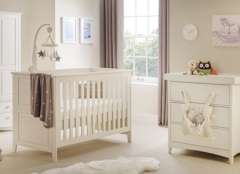 Cameo Stone White Changing Chest & Cot Bed Bedroom