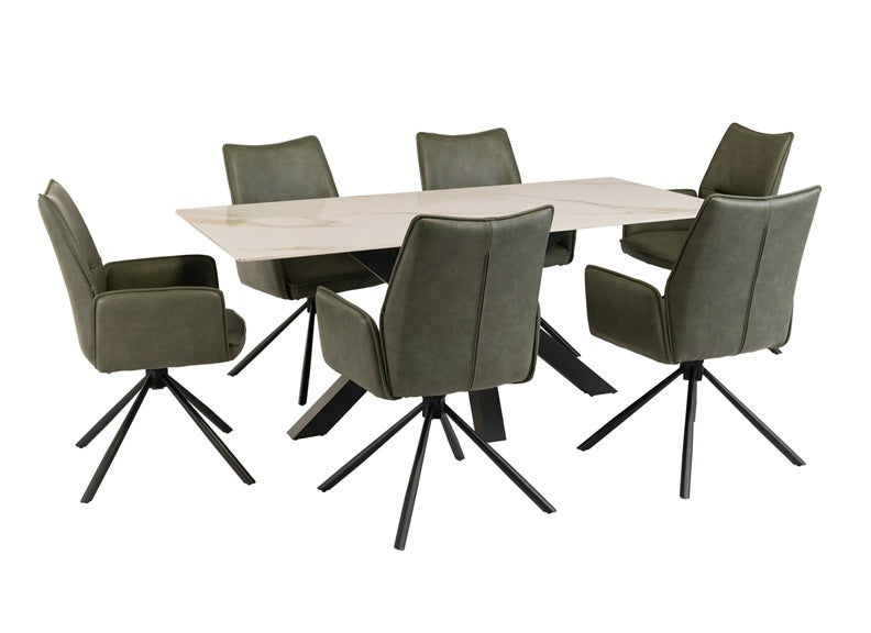 Cora Kass White Dining Table W/Grenada Green PU Chairs