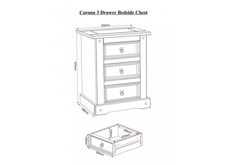 Corona Pine Three Drawer Bedside Chest