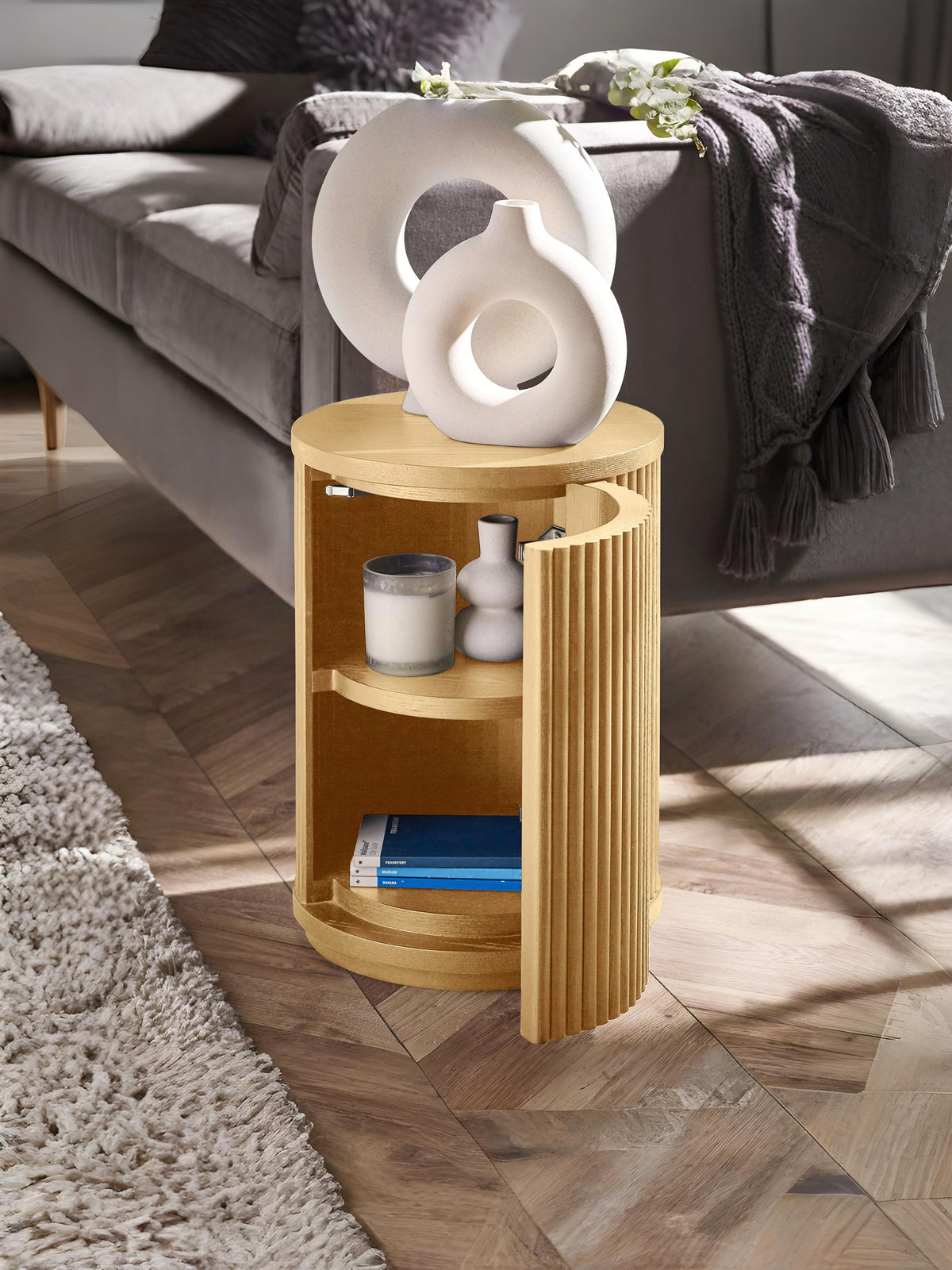Louis Light Oak Effect Fluted Side Table with Storage