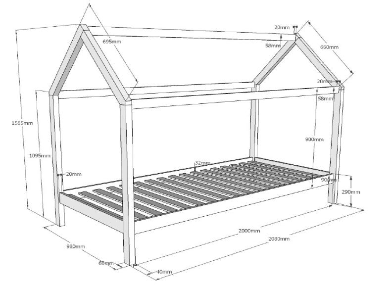 Dallas Bed With Roof & Beam - dimensions