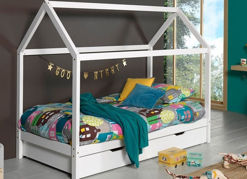 Dallas White Bed With Roof & Beam & Under Bed Drawer
