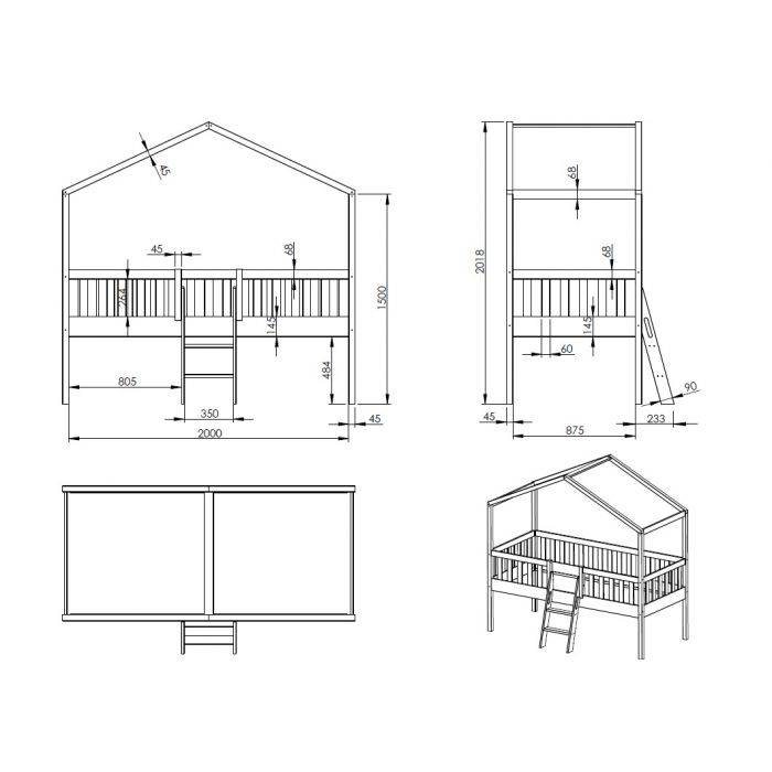 DALLAS HOUSE BED WITH LADDER 90 X 200 CM WHITE